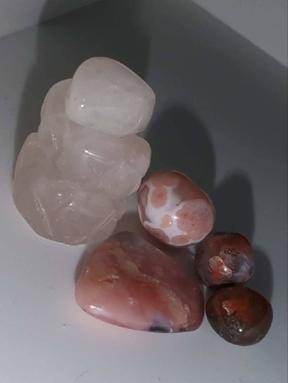 Rose Quartz Carving & Tumbled Stones - Pink, Rose, White & Brown